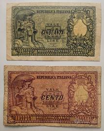 Coppia di banconote da 50 e 100 Lire