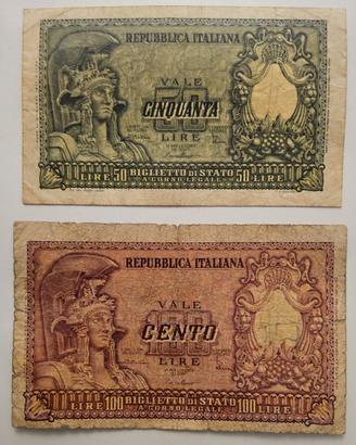 Coppia di banconote da 50 e 100 Lire