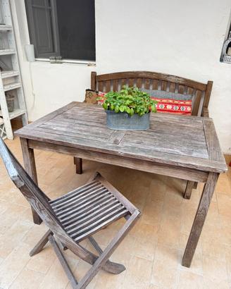 Tavolo, panca, sedia in teak , da esterno