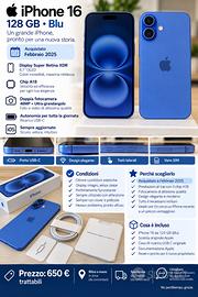iPhone 16 128 GB Blu – Acquistato  02/2025