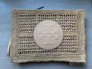 TORY BURCH Ella Hand Crocheted Pouch Beige NUOVA