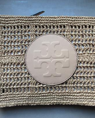 TORY BURCH Ella Hand Crocheted Pouch Beige NUOVA
