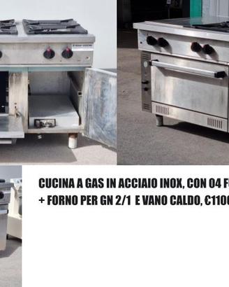 CUCINA A GAS IN ACCIAIO INOX, CON 04 FUOCHI
