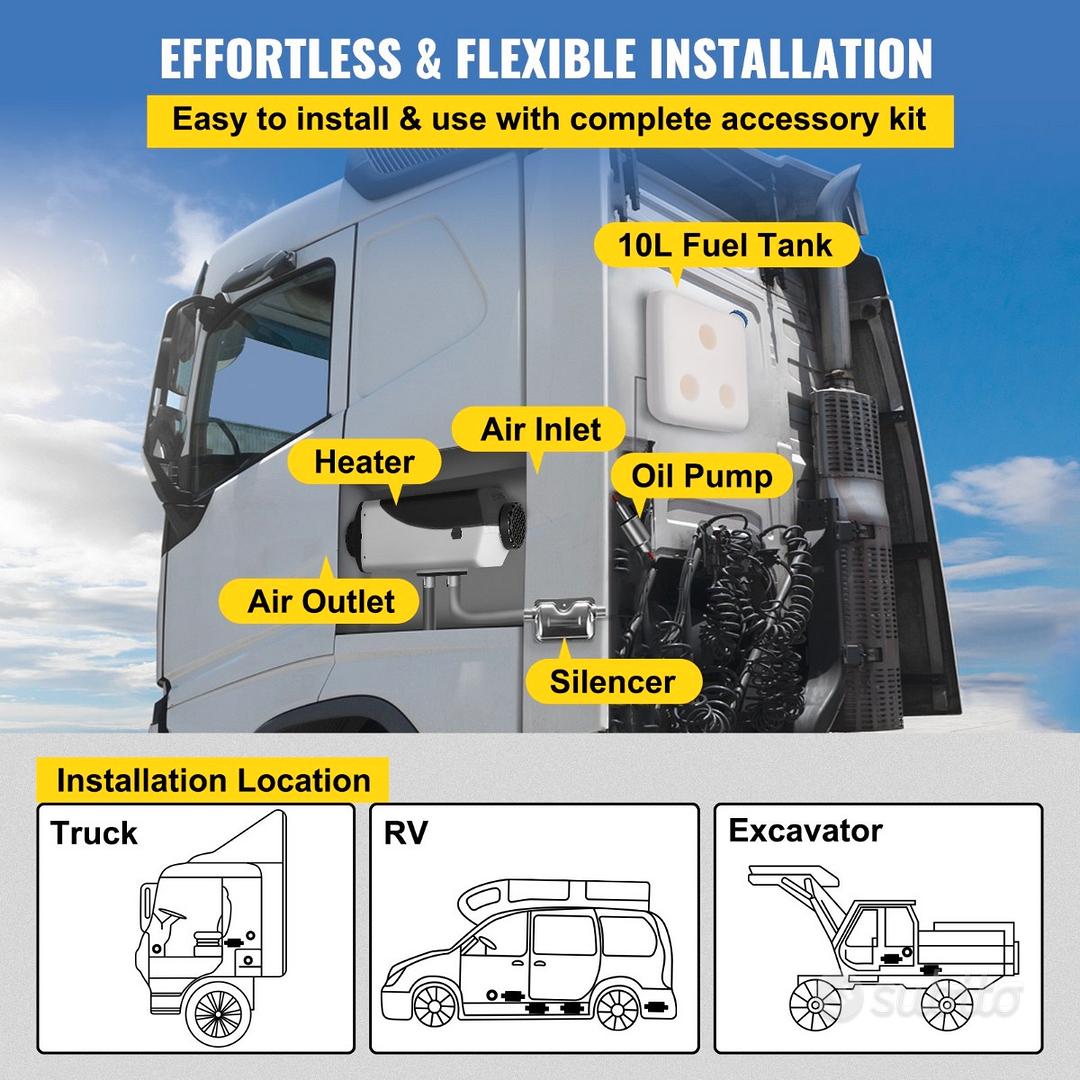 Riscaldatore ad Aria Diesel, 5KW 12V Riscaldamento da Parcheggio con  Interruttore LCD Termostato Serbatoio Silenziatore e Telecomando, Kit  Completo Di