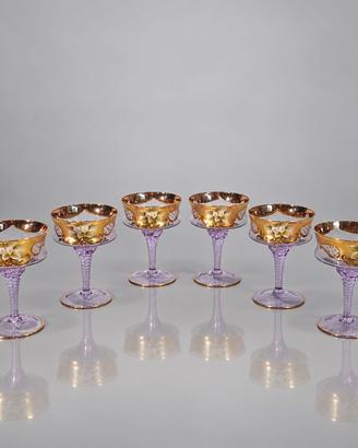 Set 6 Coppe Vetro Murano Ametista Tre Fuochi Oro  