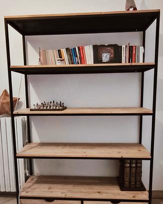 Libreria stile Industry legno e acciaio nero