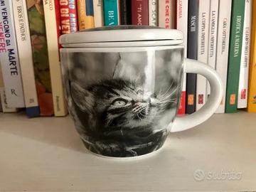 Tazza tisaniera gatto con filtro e coperchio