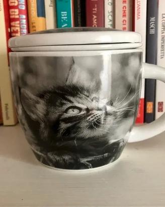 Tazza tisaniera gatto con filtro e coperchio