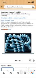 Macbook Air 13” M4 2025 24 GB / 512 GB CELESTE