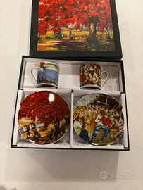 Arte de cafe due tazzine con  piattino e scatola