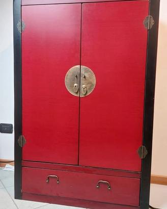 Armadio cinese laccato rosso + bauli coordinati –