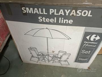 Set tavolino + ombrellone e 4 sedie in acciaio