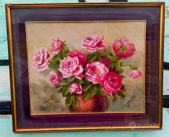 Quadro con Rose dipinto a mano firmato, anni 1968.