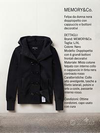 memory&co felpa donna nera taglia L/XL doppiopetto
