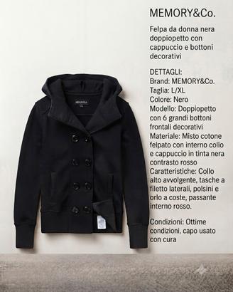 memory&co felpa donna nera taglia L/XL doppiopetto