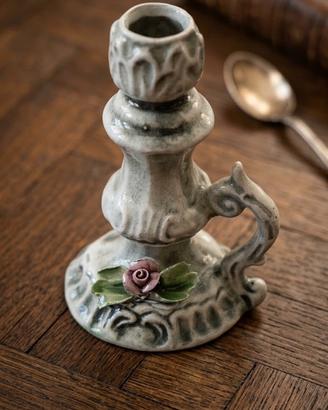 Portacandele Vintage Anni '80 Ceramica Rosa Grigio