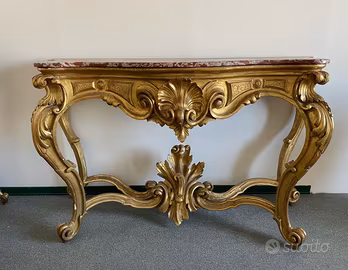Console dorata con piano in marmo rosso striato