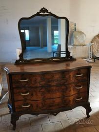 Comò cassettiera anni 40 in radica con specchiera