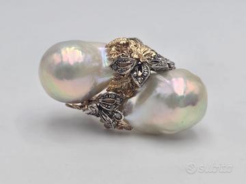 ANELLO ORO PERLE BAROCCHE DIAMANTI VINTAGE