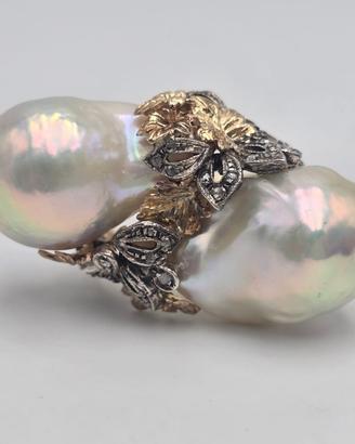 ANELLO ORO PERLE BAROCCHE DIAMANTI VINTAGE