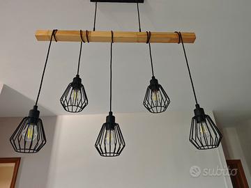 Lampadario industriale legno 5 luci stile vintage 