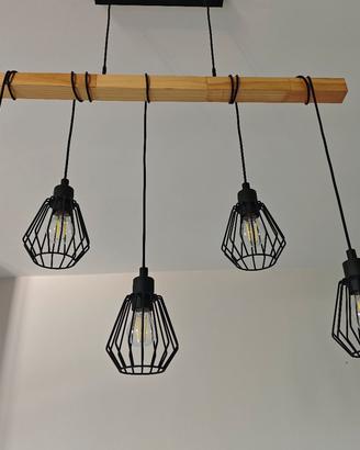 Lampadario industriale legno 5 luci stile vintage 
