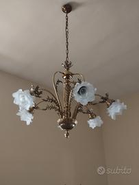 lampadario in ottone artigianale con vetri a rose 