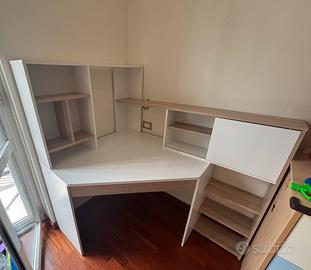 Scrivania angolare con libreria bianco e rovere