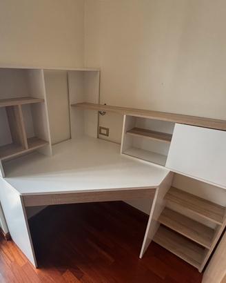 Scrivania angolare con libreria bianco e rovere