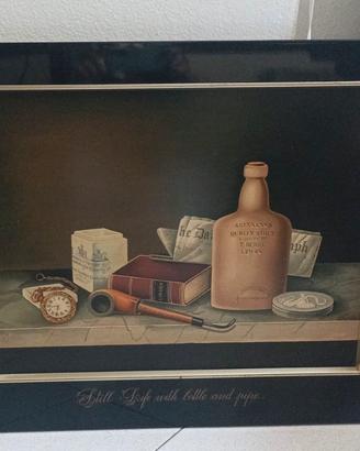 Quadro legno “Still life with bottle and pipe”
