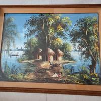 Grande Dipinto Vintage Arte Congolese Olio su Tela