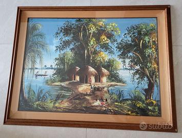 Grande Dipinto Vintage Arte Congolese Olio su Tela