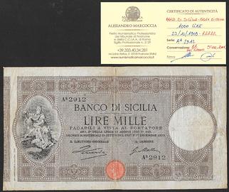 Banconota 1000 lire del Banco di Sicilia 1909