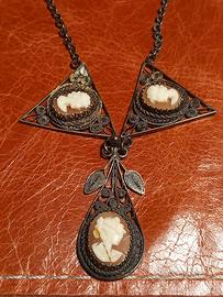 Argento 835 collana Filigrana con 3 cammeo 