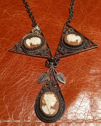 Argento 835 collana Filigrana con 3 cammeo 