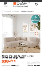 Divano angolare 3 posti in tessuto lino beige