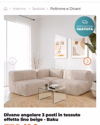 Divano angolare 3 posti in tessuto lino beige