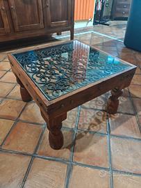 Tavolino salotto rustico tek vetro stile coloniale