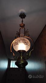 Lampadario a boccia in bronzo e vetro lavorato