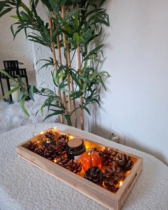 “Centrotavola autunnale con pigne, luci e decoraz