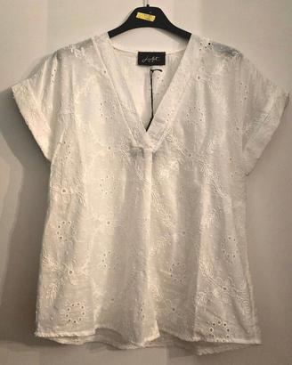Blusa bianca in cotone sangallo, taglia M, nuova