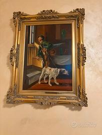Dipinto Olio su Tela - Cacciatore e Cane