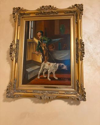 Dipinto Olio su Tela - Cacciatore e Cane