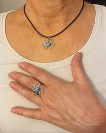 Set Anello regolabile + collana fiore turchese 