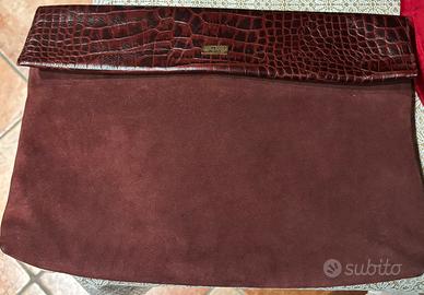 Borsa a mano borgogna in camoscio e vera pelle