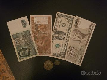 lotto di  vecchie banconote e monete