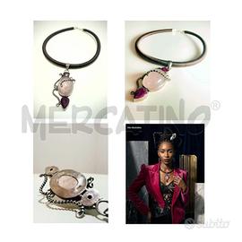 COLLANA MARRONE CORDONE CON CIONDOLO AMETISTA ROSA