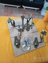 lampadario + 2 lampade da parete in ottone draghi