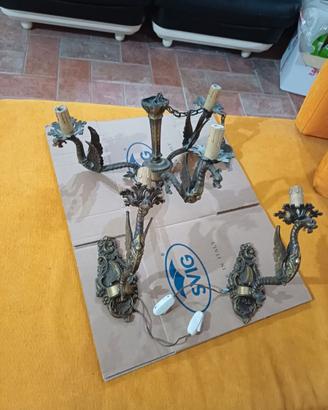 lampadario + 2 lampade da parete in ottone draghi