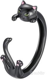 Anello Argento Sterling 925 Regolabile Gatto Nero